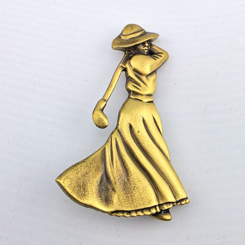 FORT Vintage Gold/Brass Tone Woman Golfer Collectible Pinback Brooch Pin